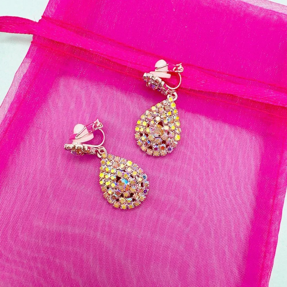 CLIP ON Small Pear Shape AB Color Rhinestone Earrings - Picture 3 of 10